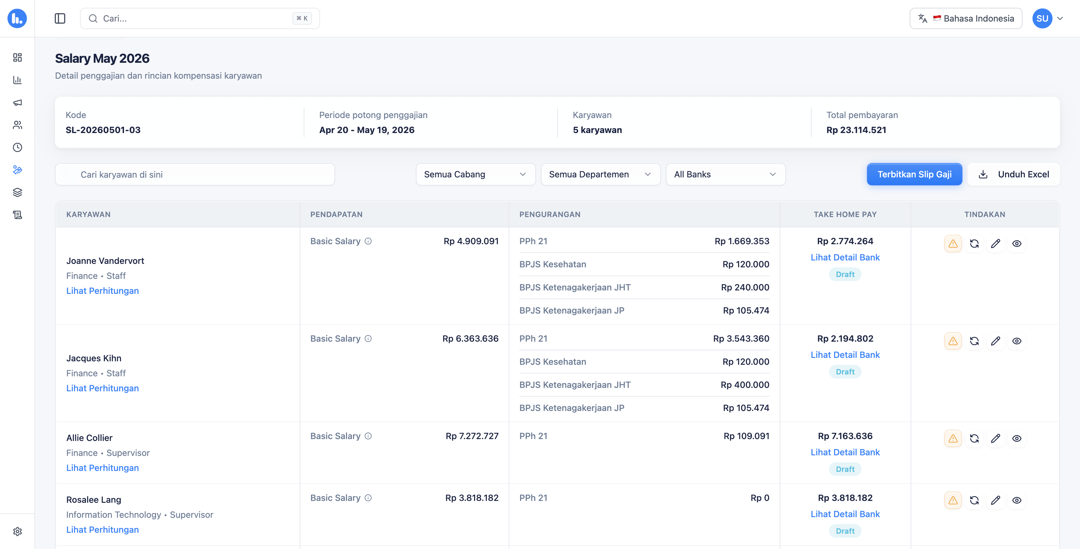 Tampilan fitur payroll dan pajak hrmoni